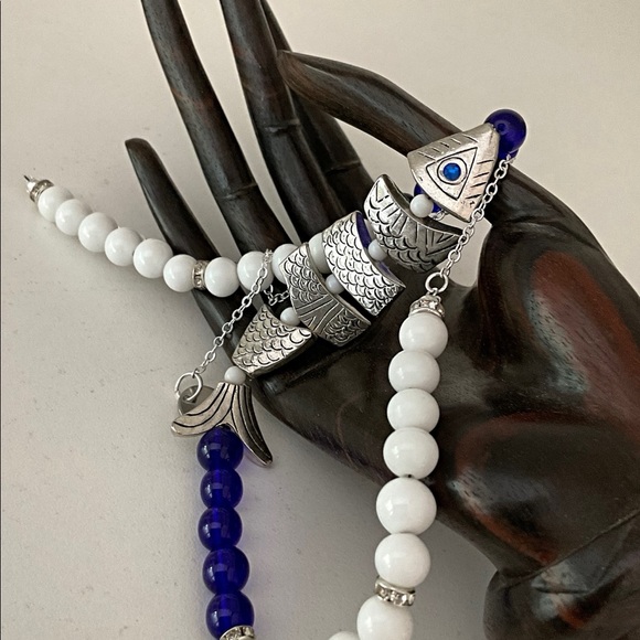 Silver Fish Necklace. Blue & White Glass Beads. Length can be Adjusted to Fit. - Picture 6 of 8